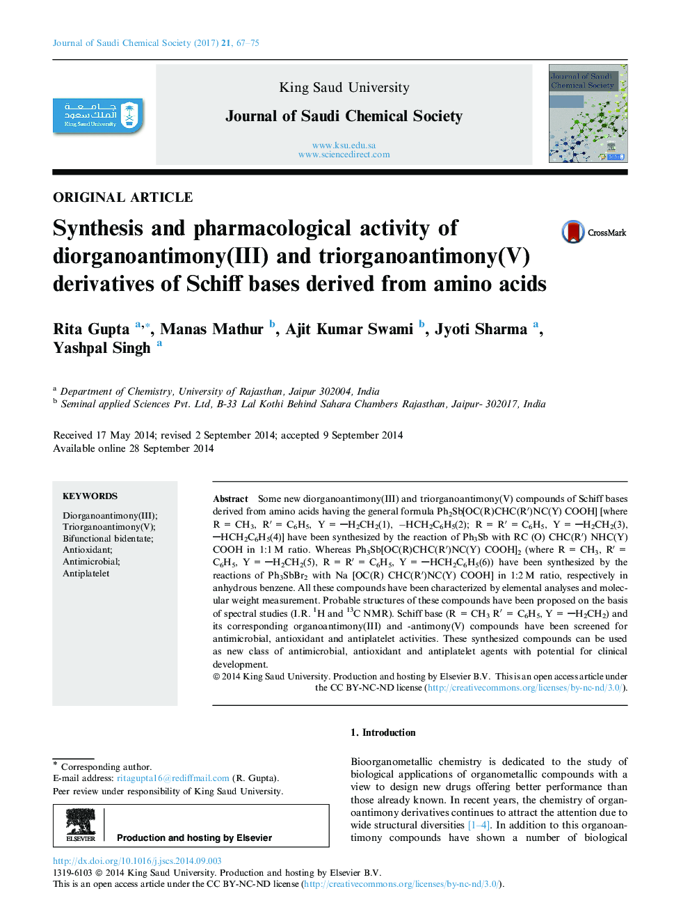 Synthesis and pharmacological activity of diorganoantimony(III) and triorganoantimony(V) derivatives of Schiff bases derived from amino acids