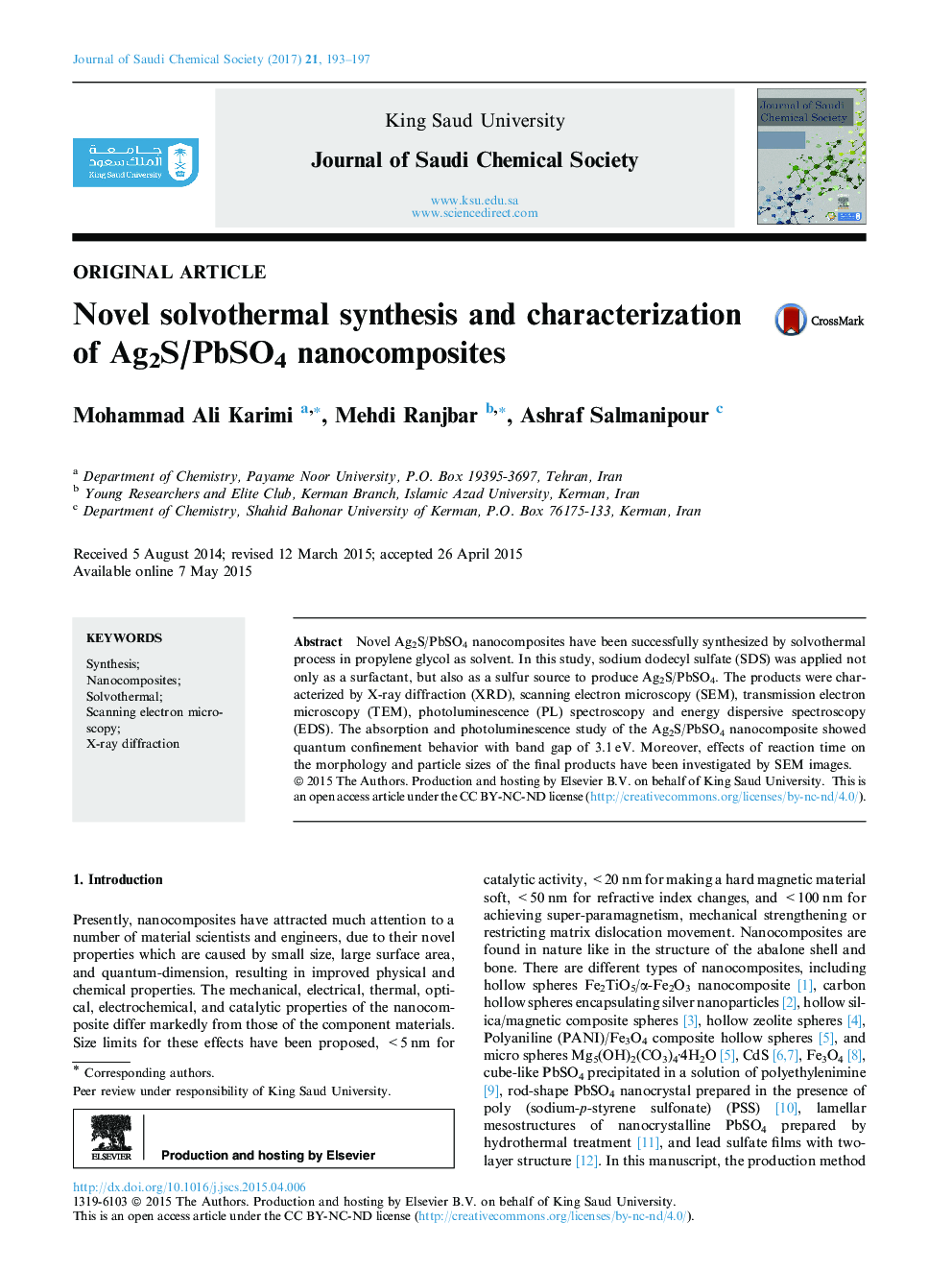 Novel solvothermal synthesis and characterization of Ag2S/PbSO4 nanocomposites