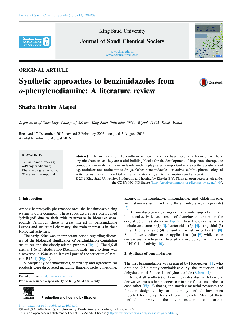 Synthetic approaches to benzimidazoles from o-phenylenediamine: A literature review