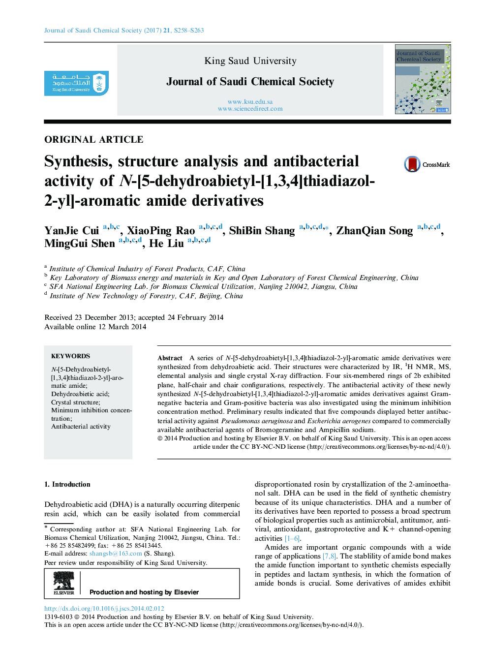 Synthesis, structure analysis and antibacterial activity of N-[5-dehydroabietyl-[1,3,4]thiadiazol-2-yl]-aromatic amide derivatives