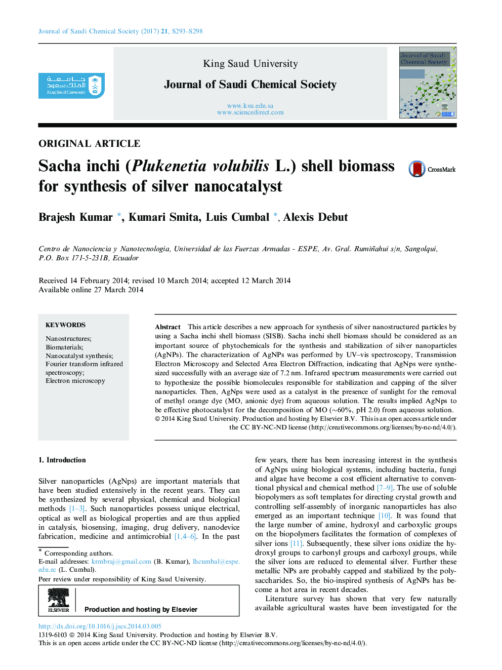 Sacha inchi (Plukenetia volubilis L.) shell biomass for synthesis of silver nanocatalyst