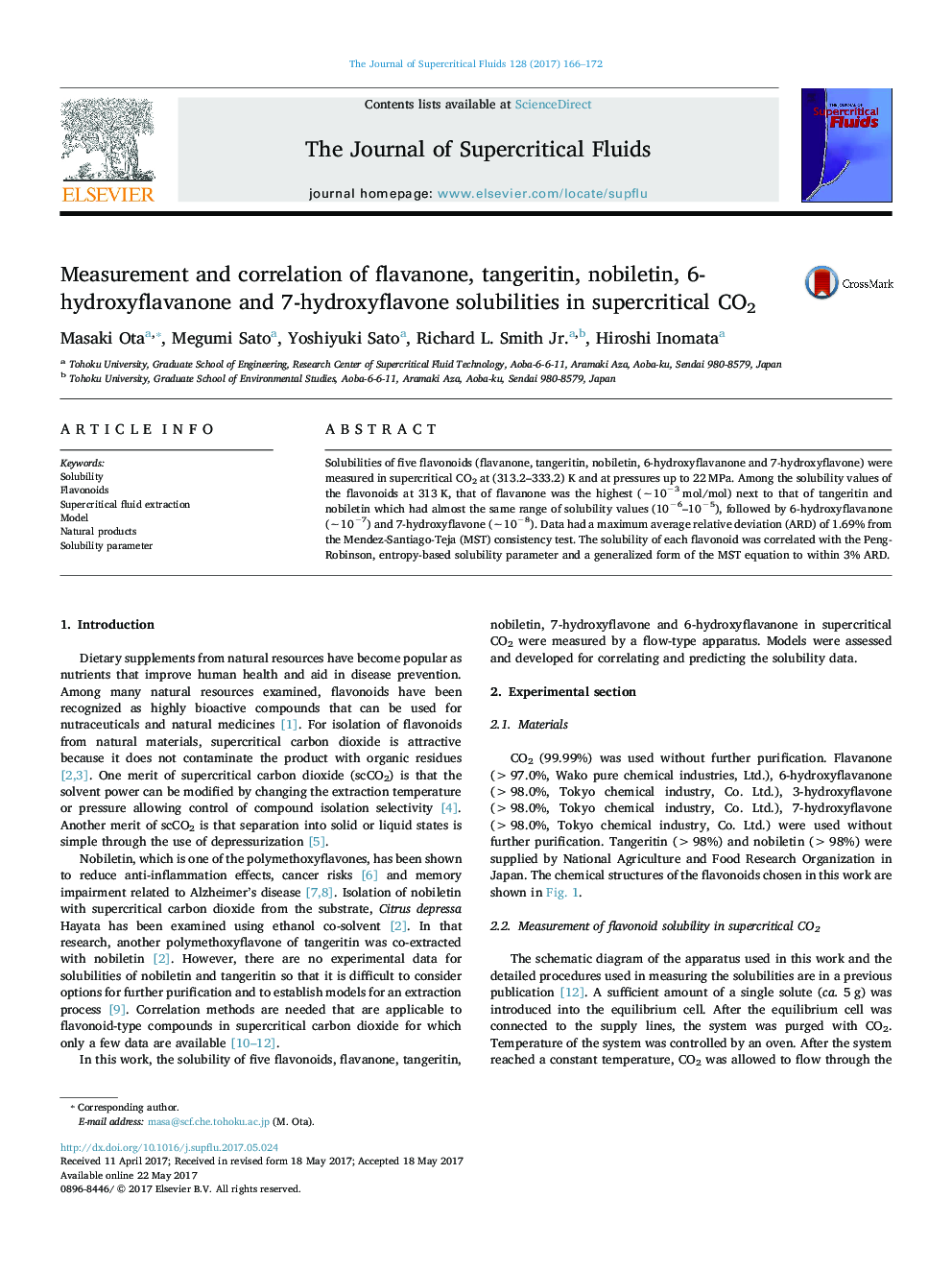 Measurement and correlation of flavanone, tangeritin, nobiletin, 6-hydroxyflavanone and 7-hydroxyflavone solubilities in supercritical CO2