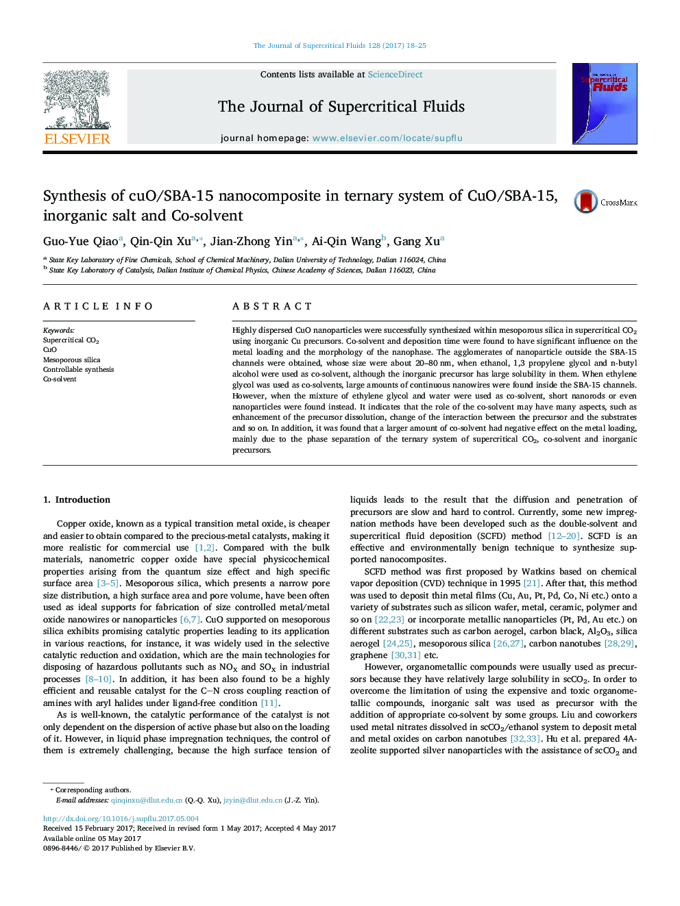 Synthesis of CuO/SBA-15 nanocomposite in ternary system of CO2, inorganic salt and co-solvent