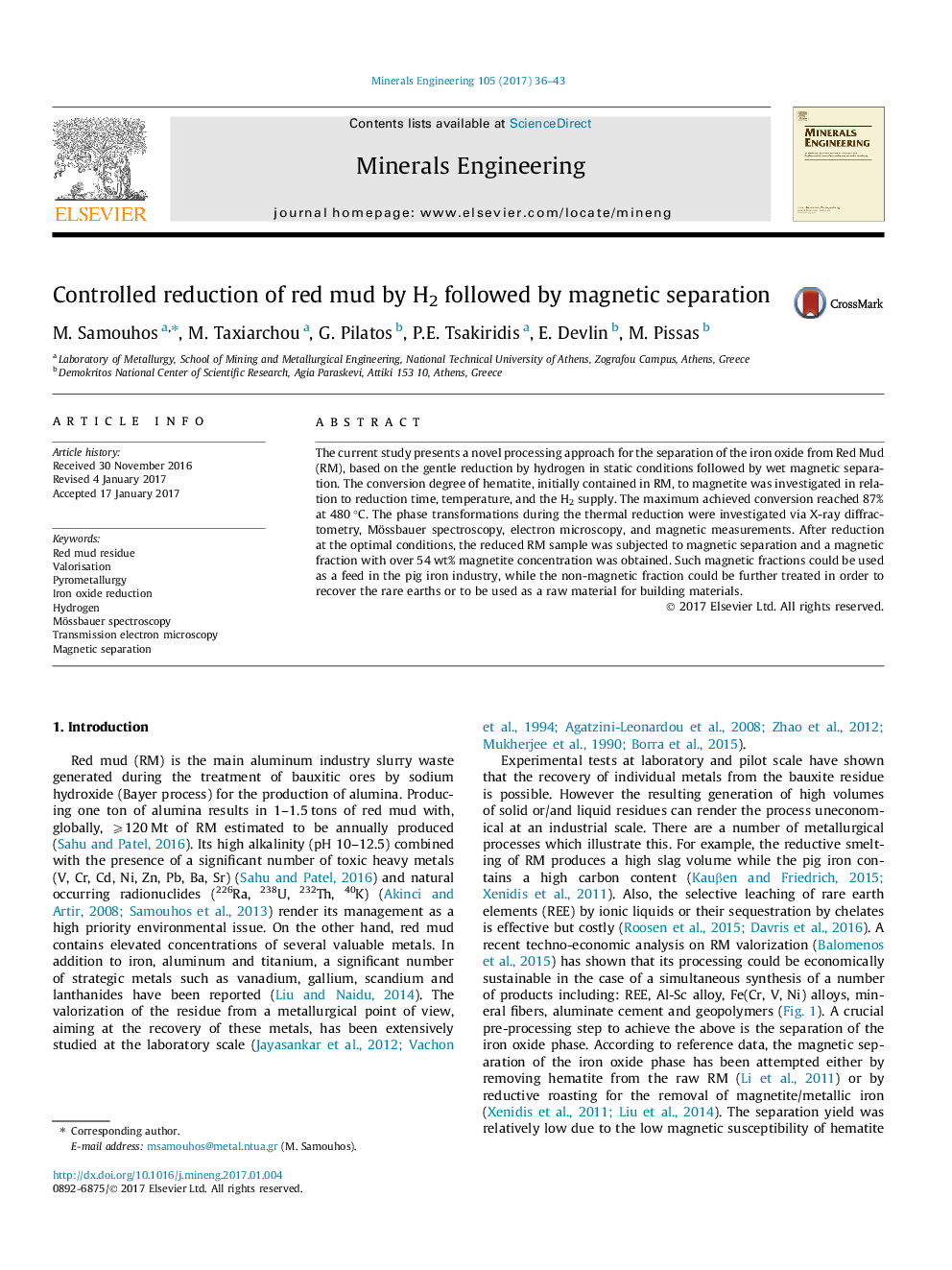 Controlled reduction of red mud by H2 followed by magnetic separation