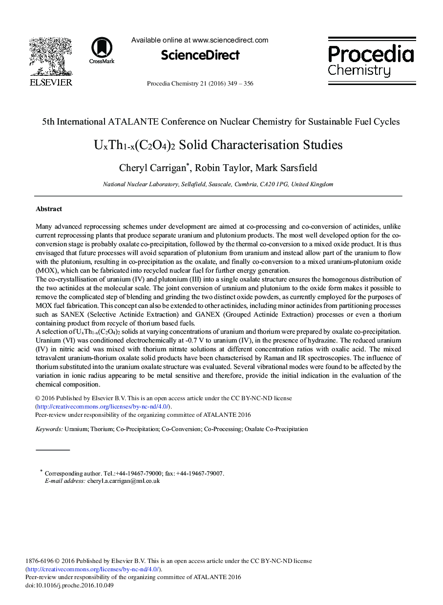 UxTh1-x(C2O4)2 Solid Characterisation Studies