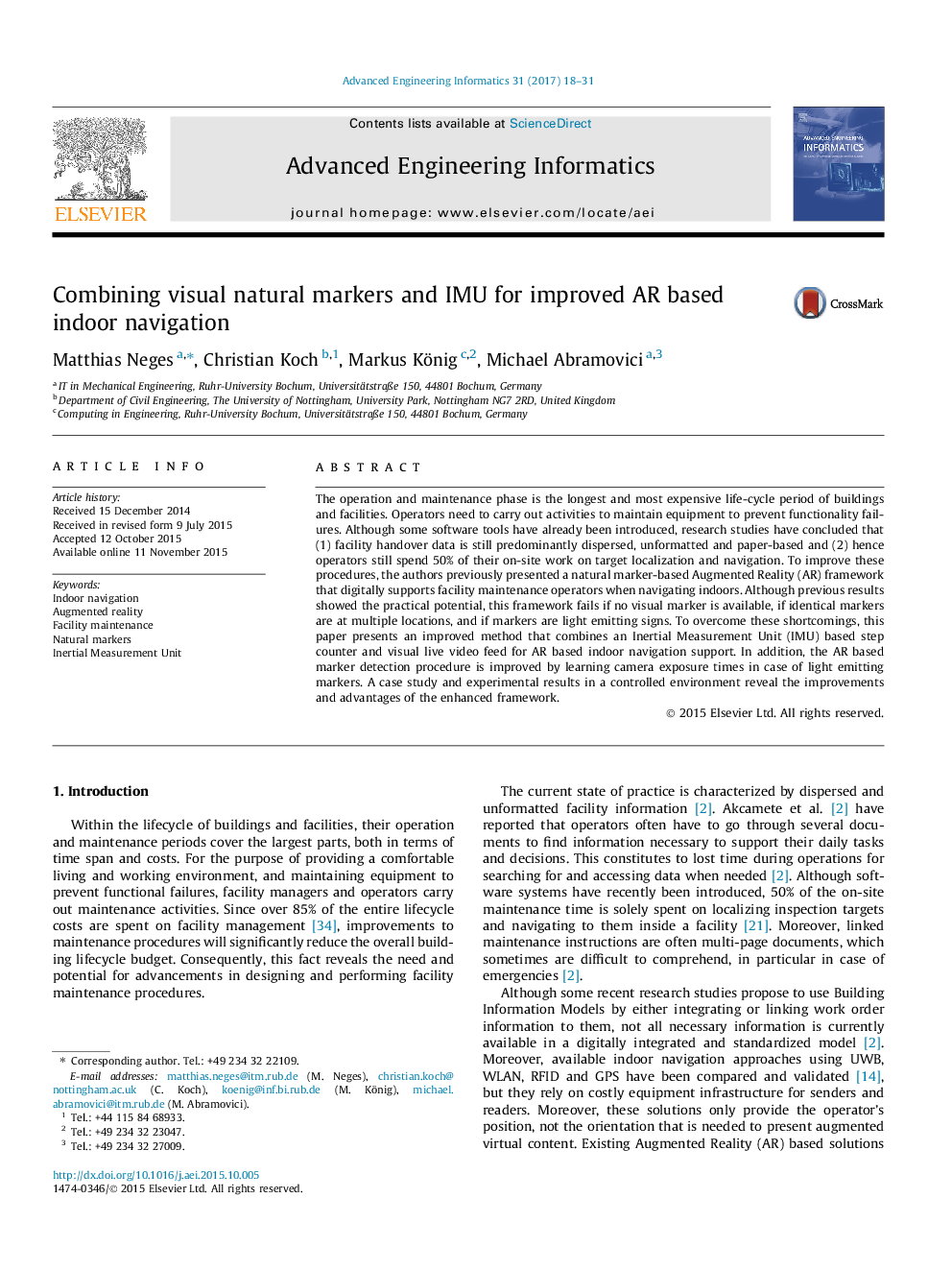 Combining visual natural markers and IMU for improved AR based indoor navigation