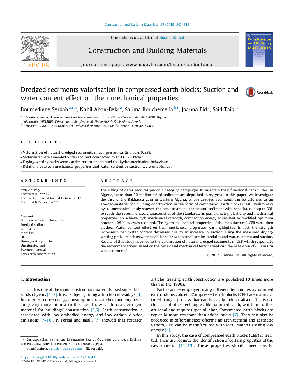 Dredged sediments valorisation in compressed earth blocks: Suction and water content effect on their mechanical properties