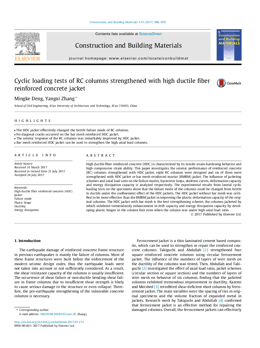 Cyclic loading tests of RC columns strengthened with high ductile fiber reinforced concrete jacket