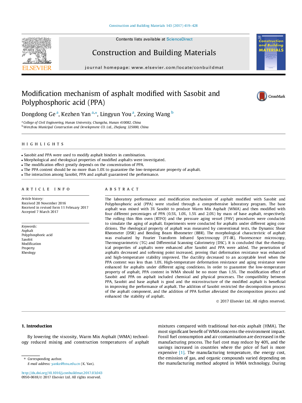 Modification mechanism of asphalt modified with Sasobit and Polyphosphoric acid (PPA)