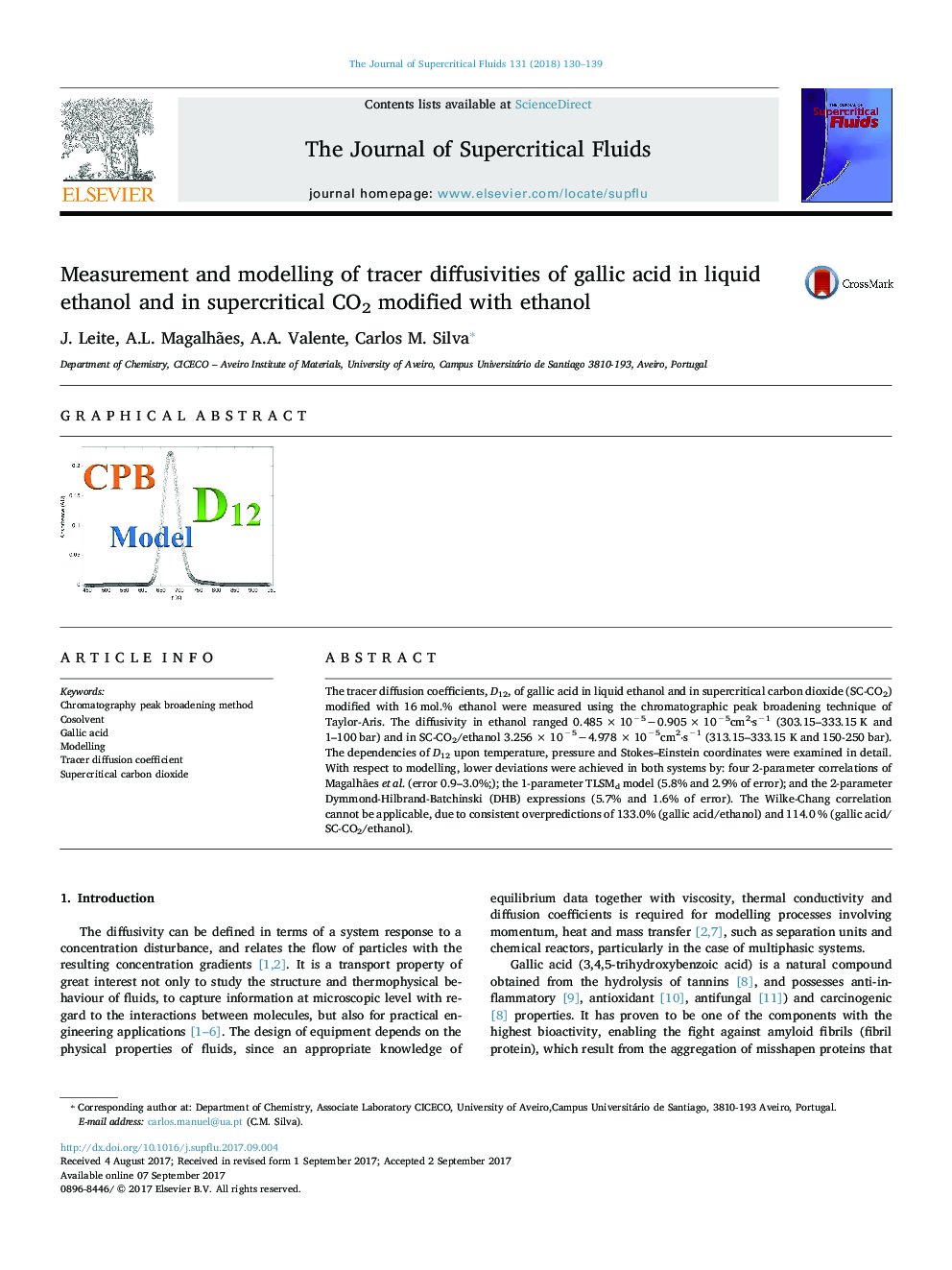 Measurement and modelling of tracer diffusivities of gallic acid in liquid ethanol and in supercritical CO2 modified with ethanol