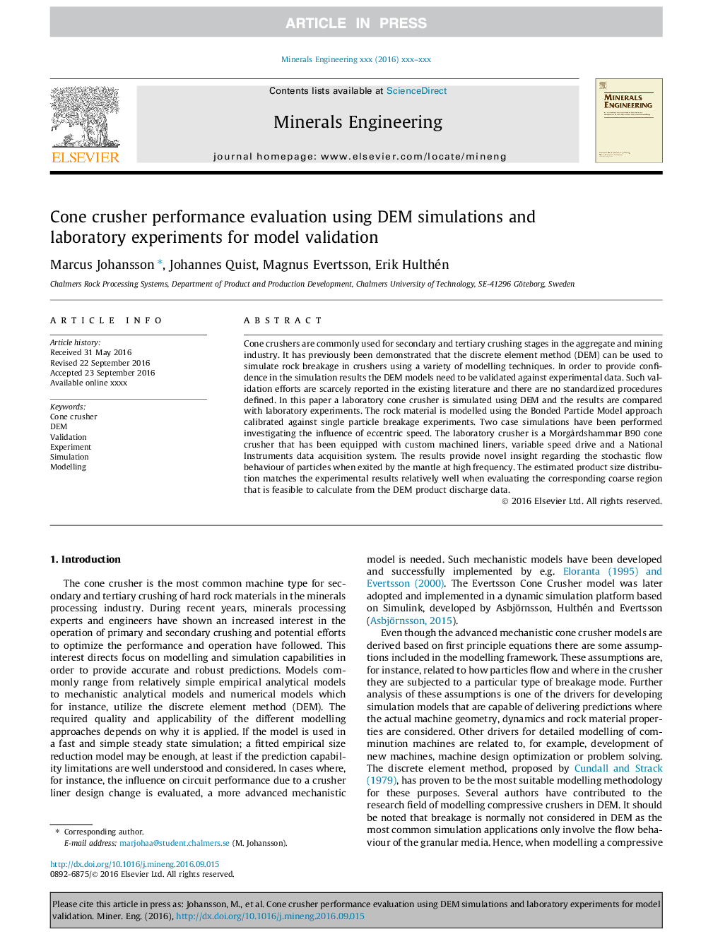 Cone crusher performance evaluation using DEM simulations and laboratory experiments for model validation