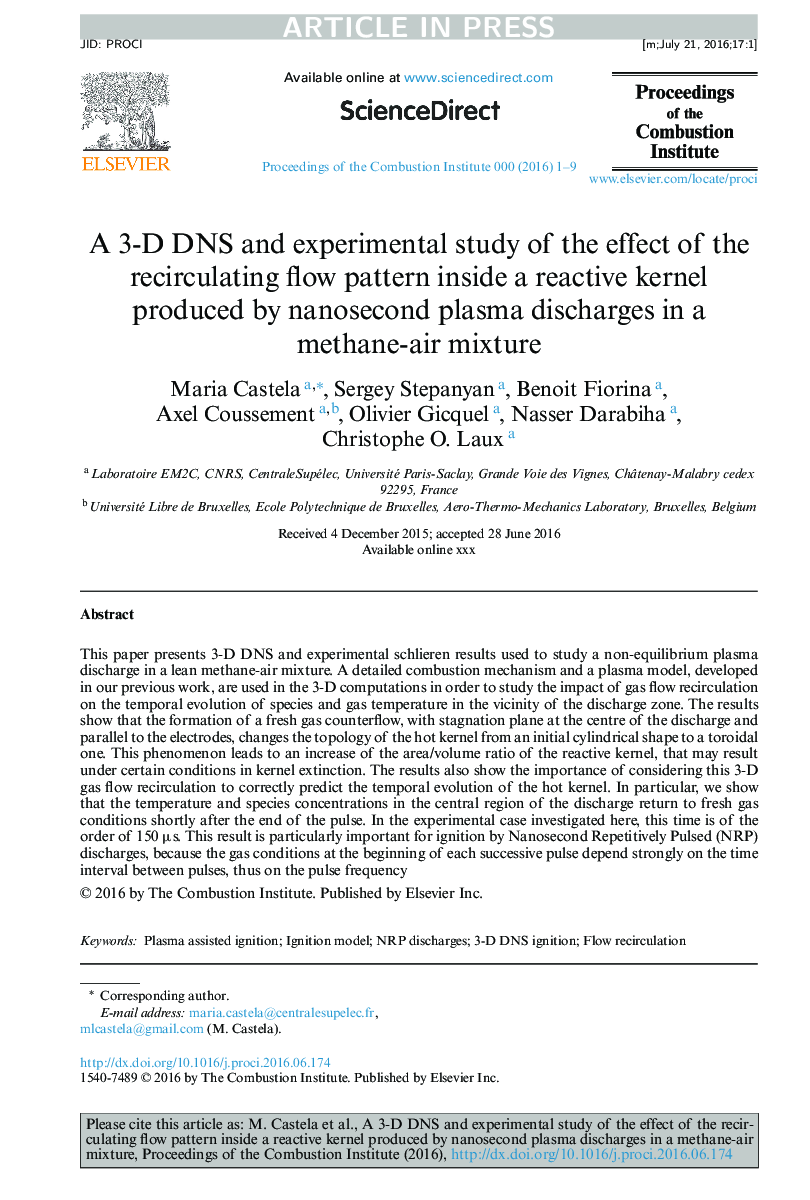 A 3-D DNS and experimental study of the effect of the recirculating flow pattern inside a reactive kernel produced by nanosecond plasma discharges in a methane-air mixture