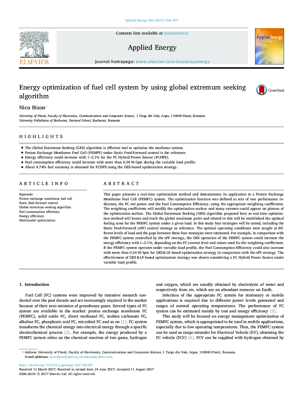 Energy optimization of fuel cell system by using global extremum seeking algorithm