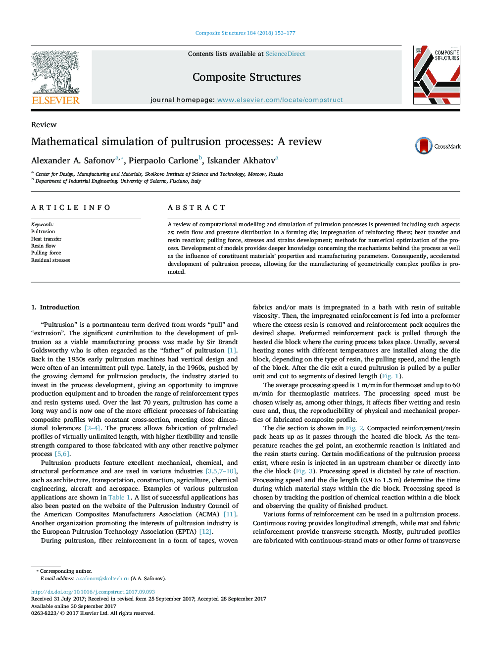 Mathematical simulation of pultrusion processes: A review