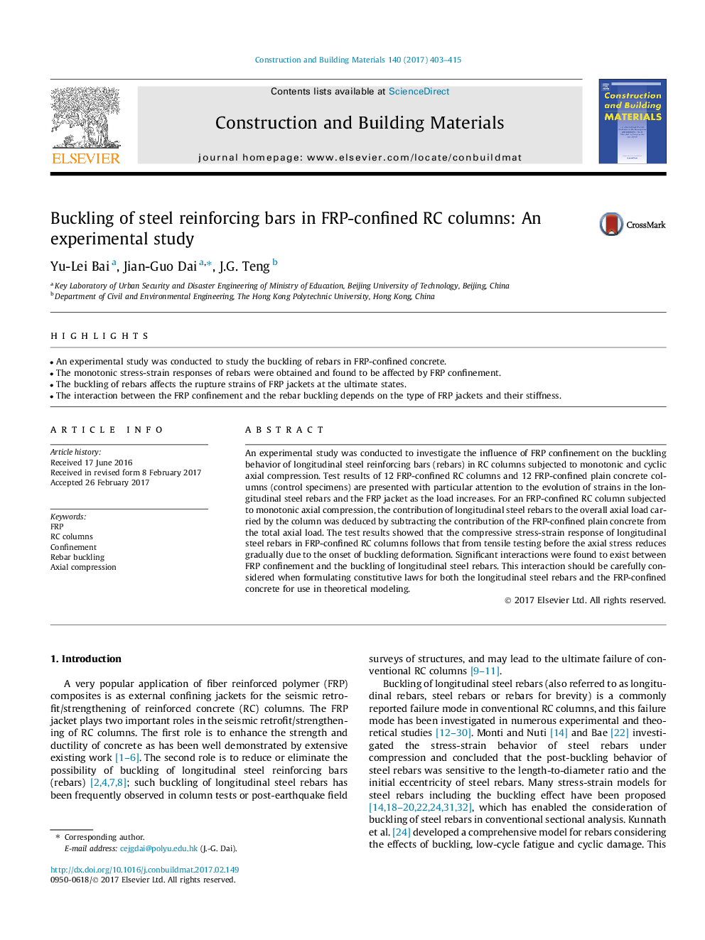 Buckling of steel reinforcing bars in FRP-confined RC columns: An experimental study