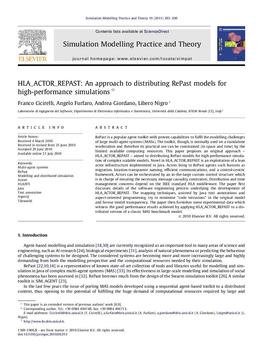 HLA_ACTOR_REPAST: An approach to distributing RePast models for high-performance simulations 