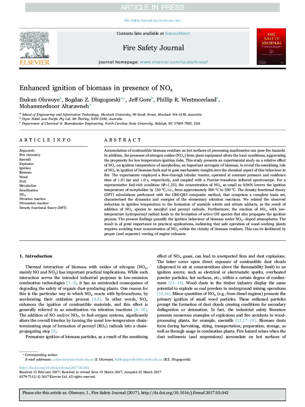 Enhanced ignition of biomass in presence of NOx