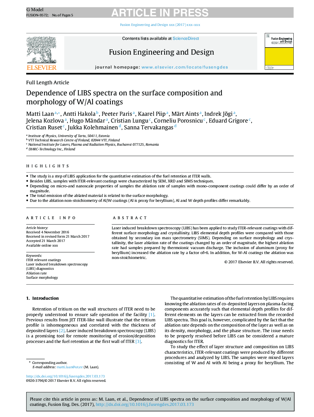 Dependence of LIBS spectra on the surface composition and morphology of W/Al coatings