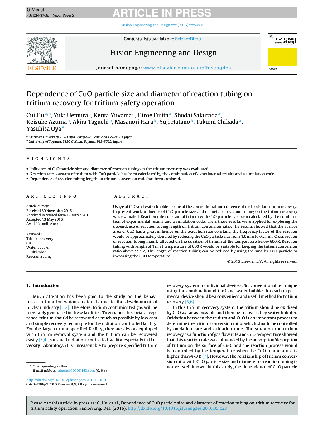 Dependence of CuO particle size and diameter of reaction tubing on tritium recovery for tritium safety operation