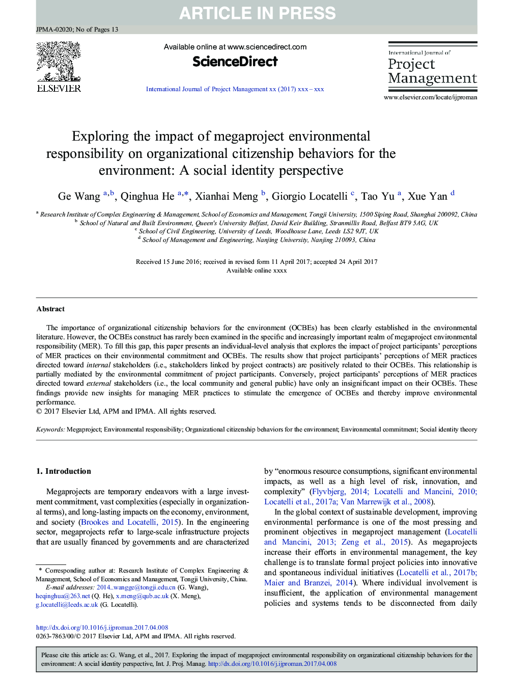 Exploring the impact of megaproject environmental responsibility on organizational citizenship behaviors for the environment: A social identity perspective