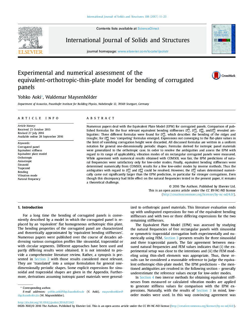 Experimental and numerical assessment of the equivalent-orthotropic-thin-plate model for bending of corrugated panels