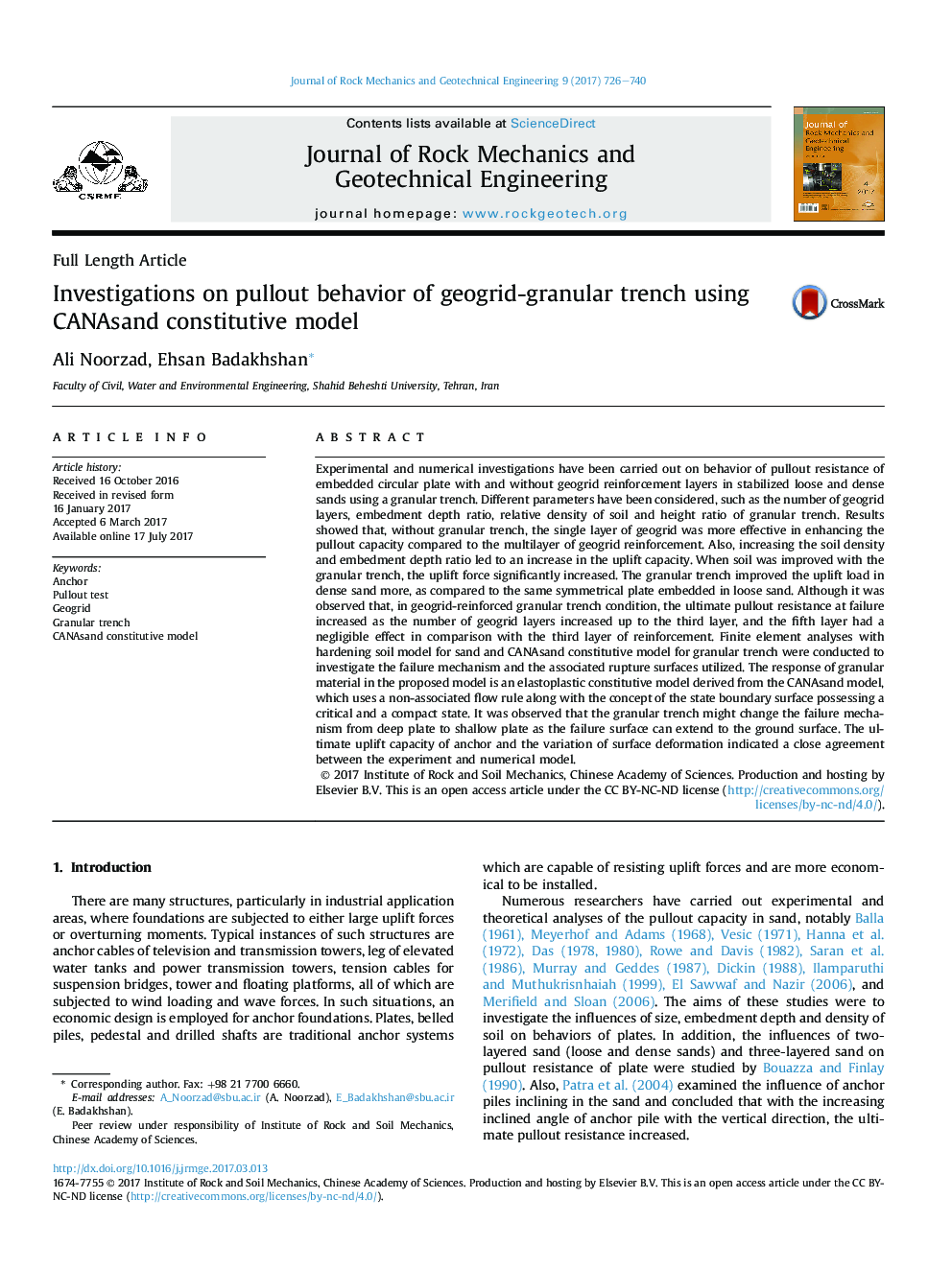 Investigations on pullout behavior of geogrid-granular trench using CANAsand constitutive model