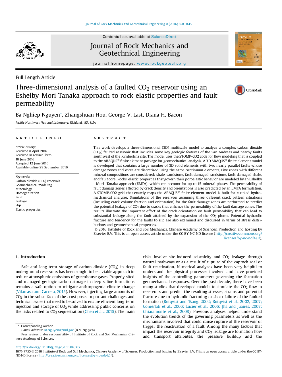 Full Length ArticleThree-dimensional analysis of a faulted CO2 reservoir using an Eshelby-Mori-Tanaka approach to rock elastic properties and fault permeability