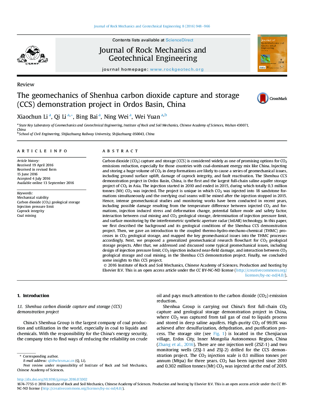 The geomechanics of Shenhua carbon dioxide capture and storage (CCS) demonstration project in Ordos Basin, China