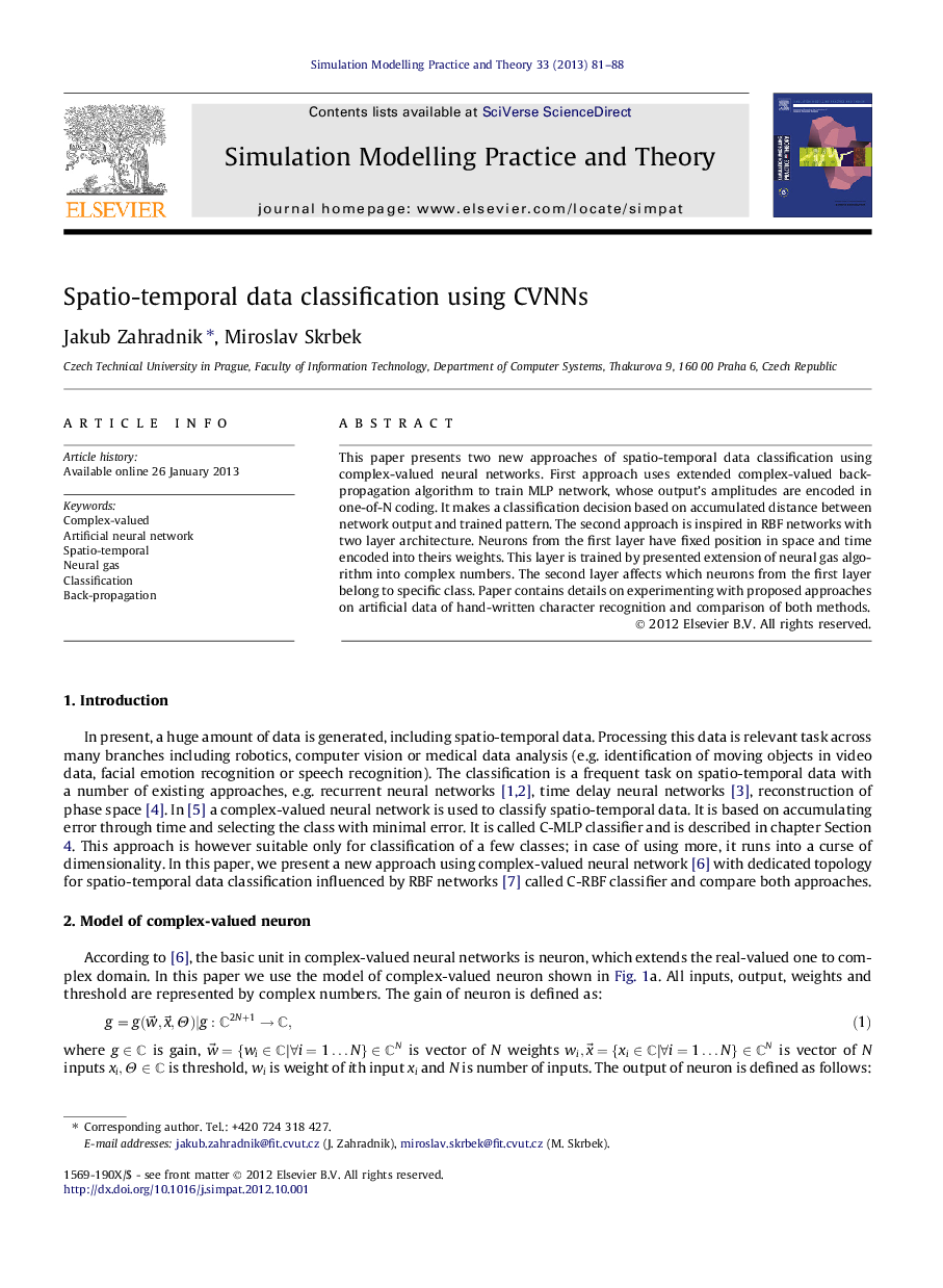 Spatio-temporal data classification using CVNNs