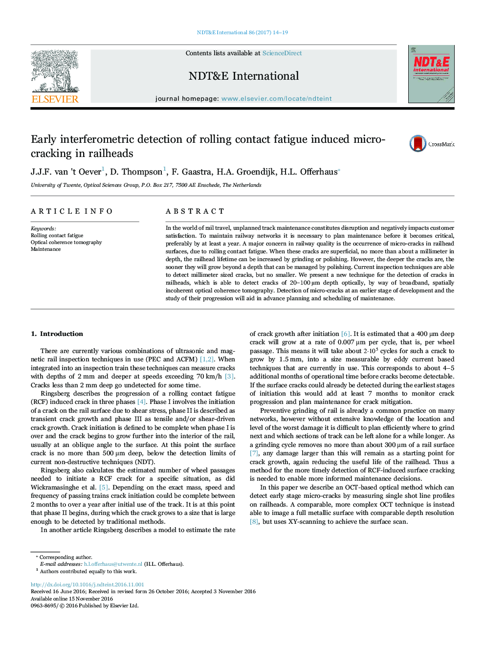 Early interferometric detection of rolling contact fatigue induced micro-cracking in railheads