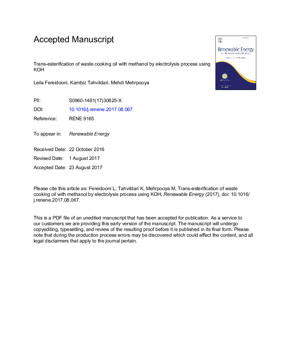 Trans-esterification of waste cooking oil with methanol by electrolysis process using KOH