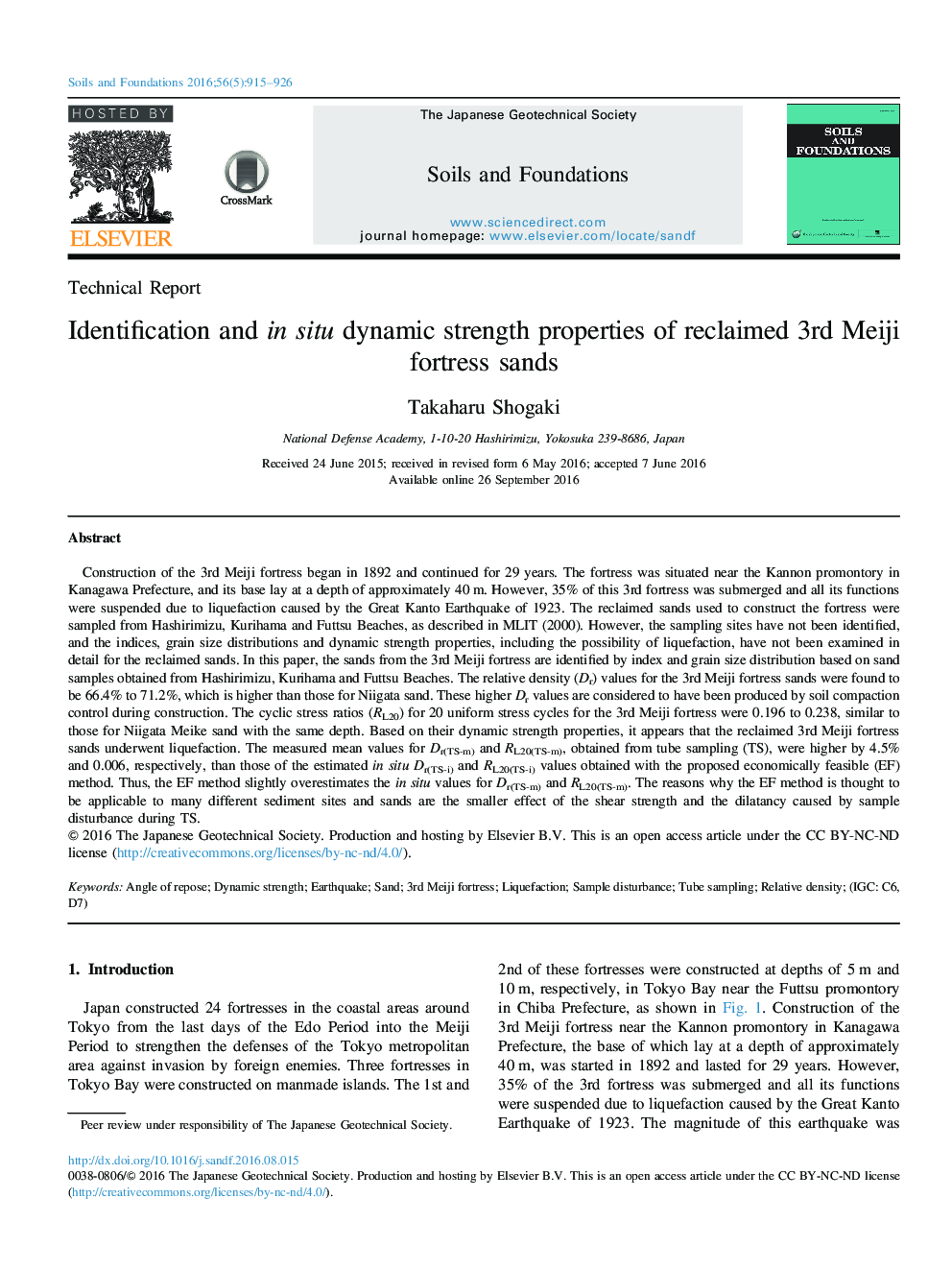 Technical ReportIdentification and in situ dynamic strength properties of reclaimed 3rd Meiji fortress sands