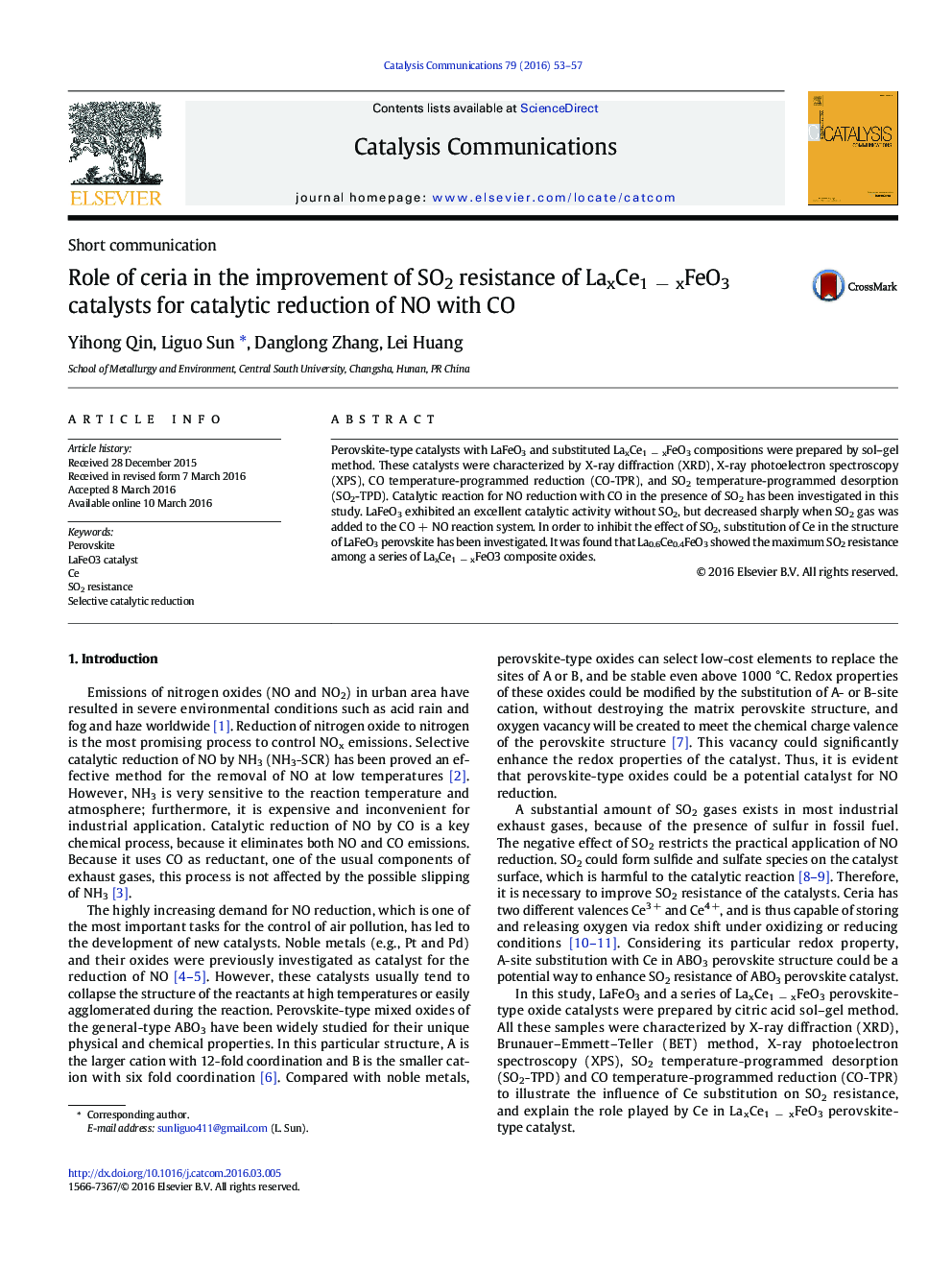 نقش ceria در بهبود مقاومت SO2 از کاتالیزورهای LaxCe1 - xFeO3 برای کاهش کاتالیزوری NO با CO