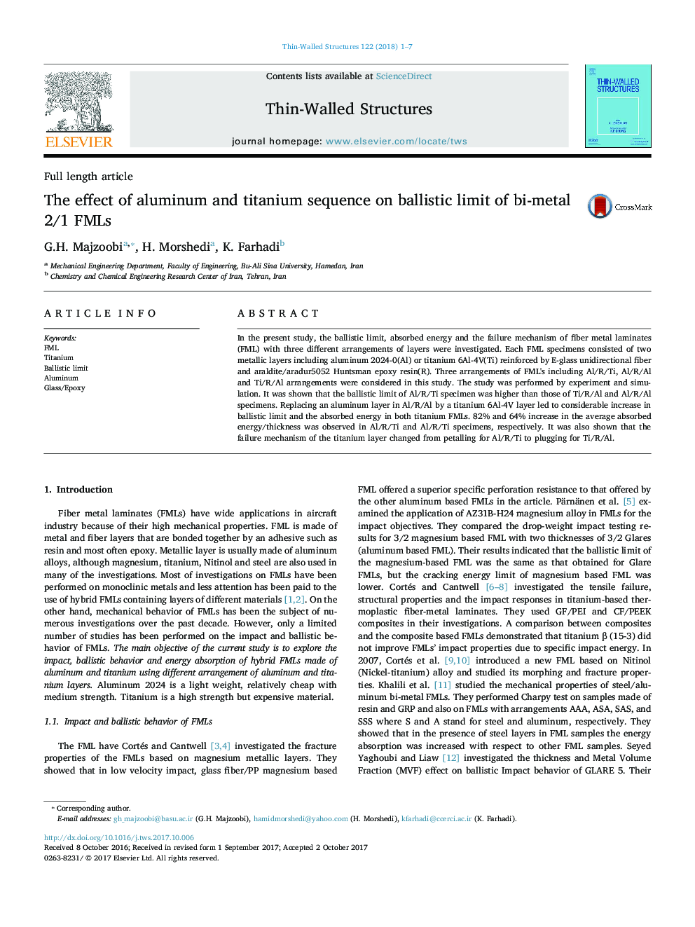 The effect of aluminum and titanium sequence on ballistic limit of bi-metal 2/1 FMLs