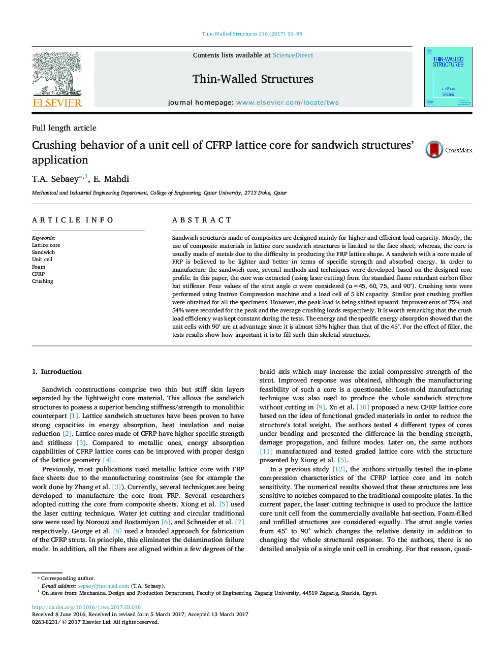 Crushing behavior of a unit cell of CFRP lattice core for sandwich structures' application