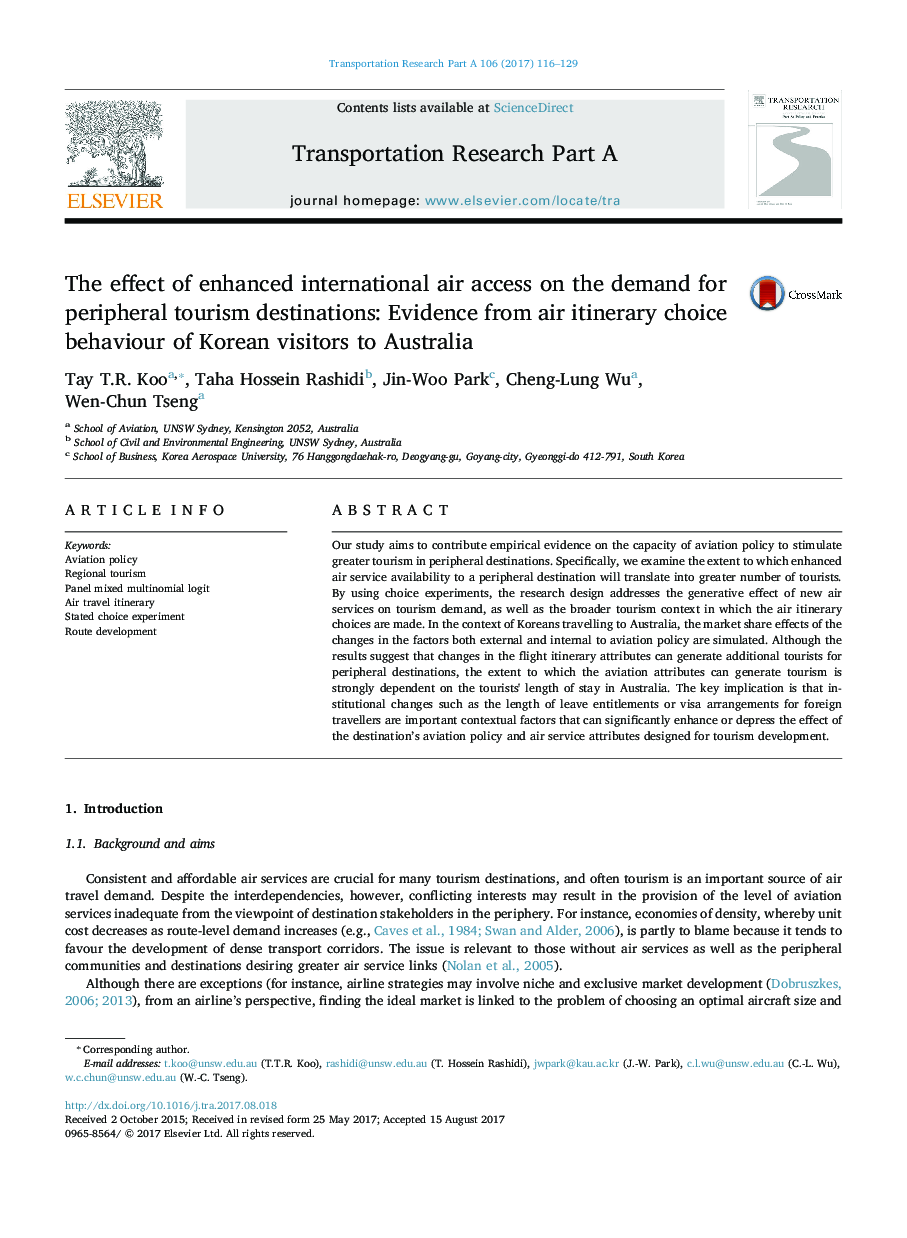 تأثیر افزایش دسترسی هوایی بین المللی به تقاضا برای اهداف گردشگری محیطی: شواهد از رفتار انتخابی هواپیما از بازدید کنندگان کره ای به استرالیا 