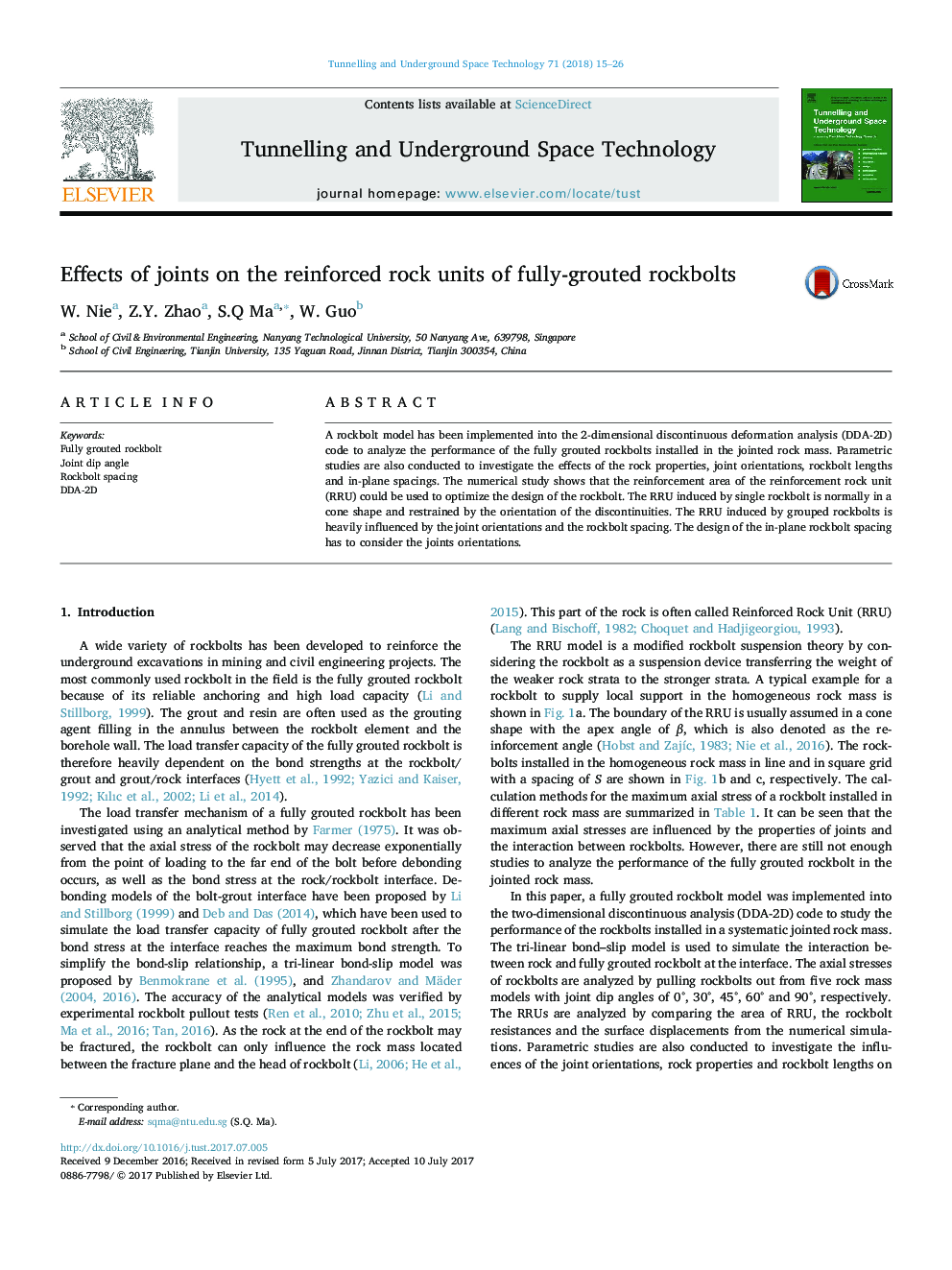 Effects of joints on the reinforced rock units of fully-grouted rockbolts