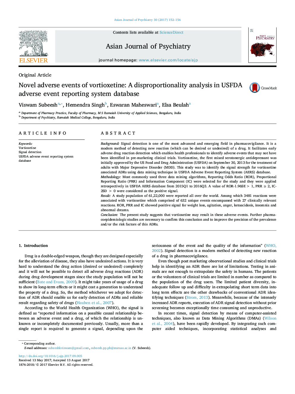 Novel adverse events of vortioxetine: A disproportionality analysis in USFDA adverse event reporting system database