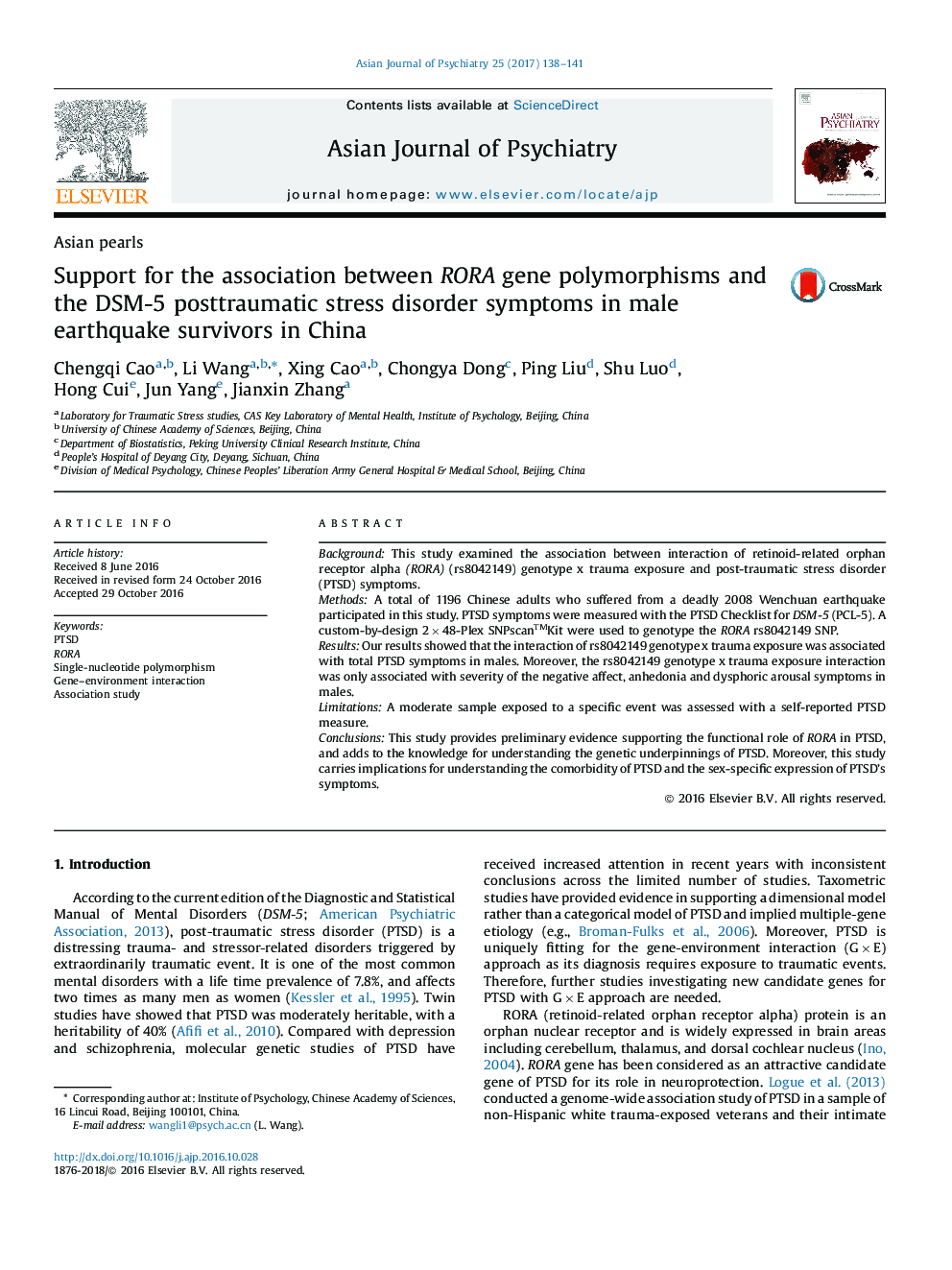 Support for the association between RORA gene polymorphisms and the DSM-5 posttraumatic stress disorder symptoms in male earthquake survivors in China
