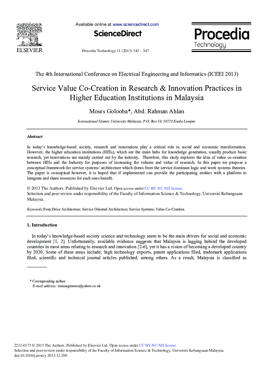 Service Value Co-creation in Research & Innovation Practices in Higher Education Institutions in Malaysia 