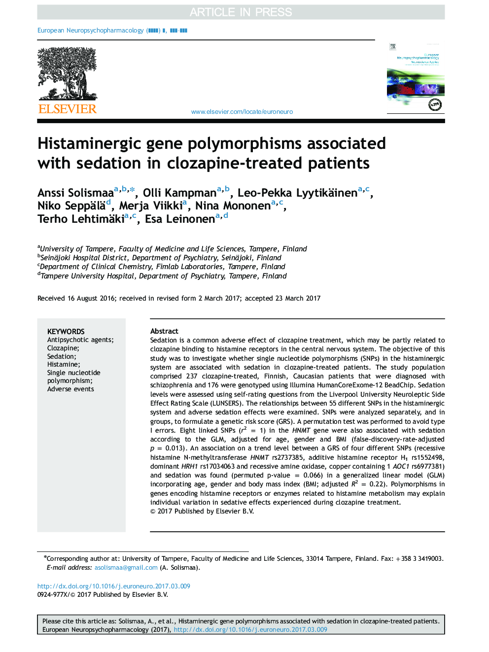 Histaminergic gene polymorphisms associated with sedation in clozapine-treated patients