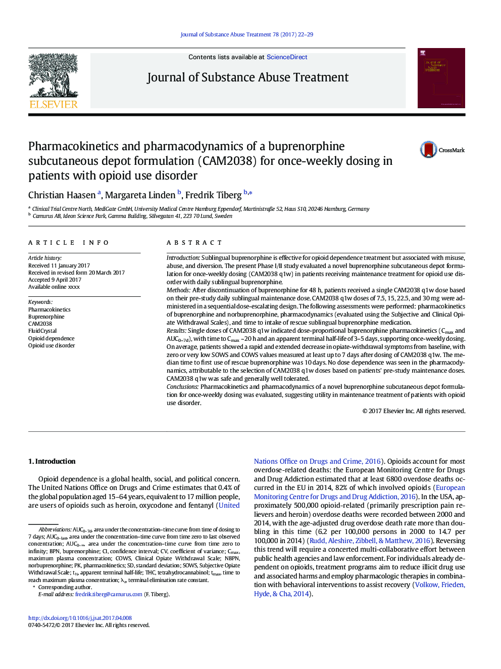 Pharmacokinetics and pharmacodynamics of a buprenorphine subcutaneous depot formulation (CAM2038) for once-weekly dosing in patients with opioid use disorder