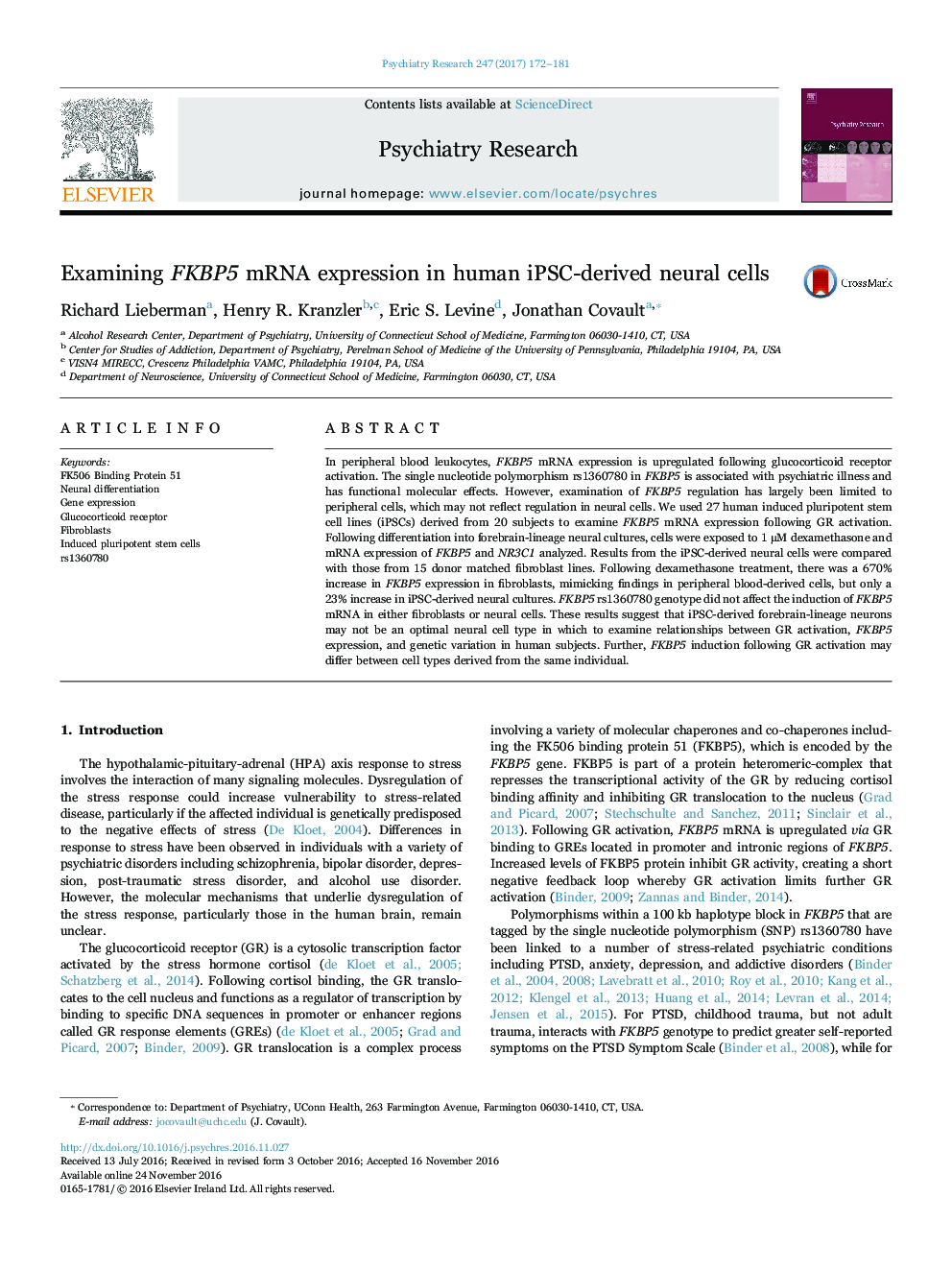 Examining FKBP5 mRNA expression in human iPSC-derived neural cells