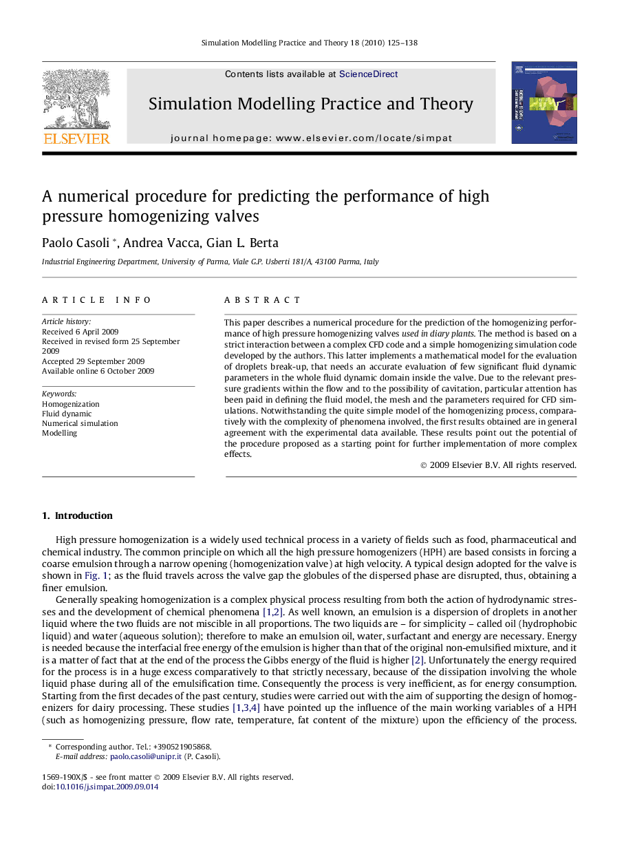 A numerical procedure for predicting the performance of high pressure homogenizing valves