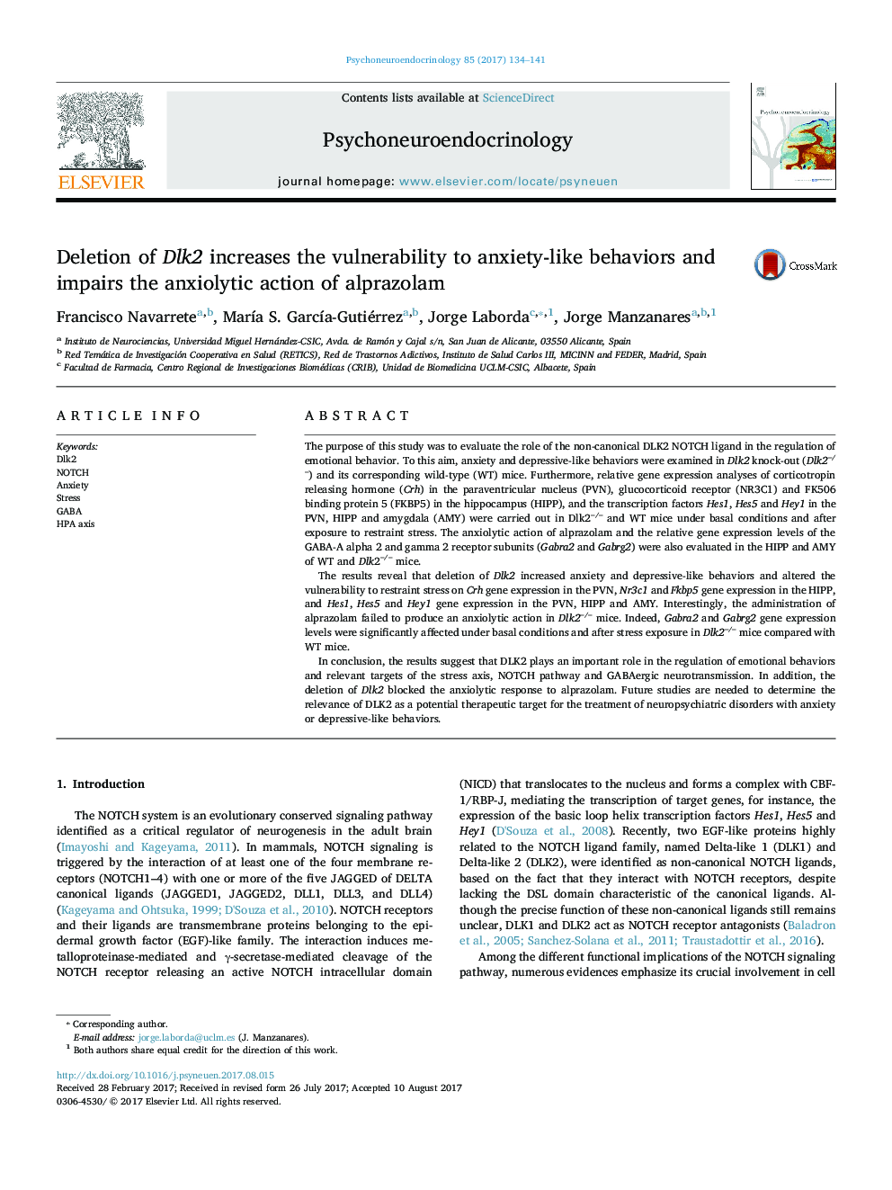 Deletion of Dlk2 increases the vulnerability to anxiety-like behaviors and impairs the anxiolytic action of alprazolam