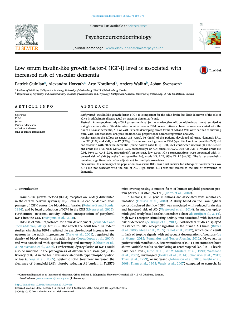 Low serum insulin-like growth factor-I (IGF-I) level is associated with increased risk of vascular dementia