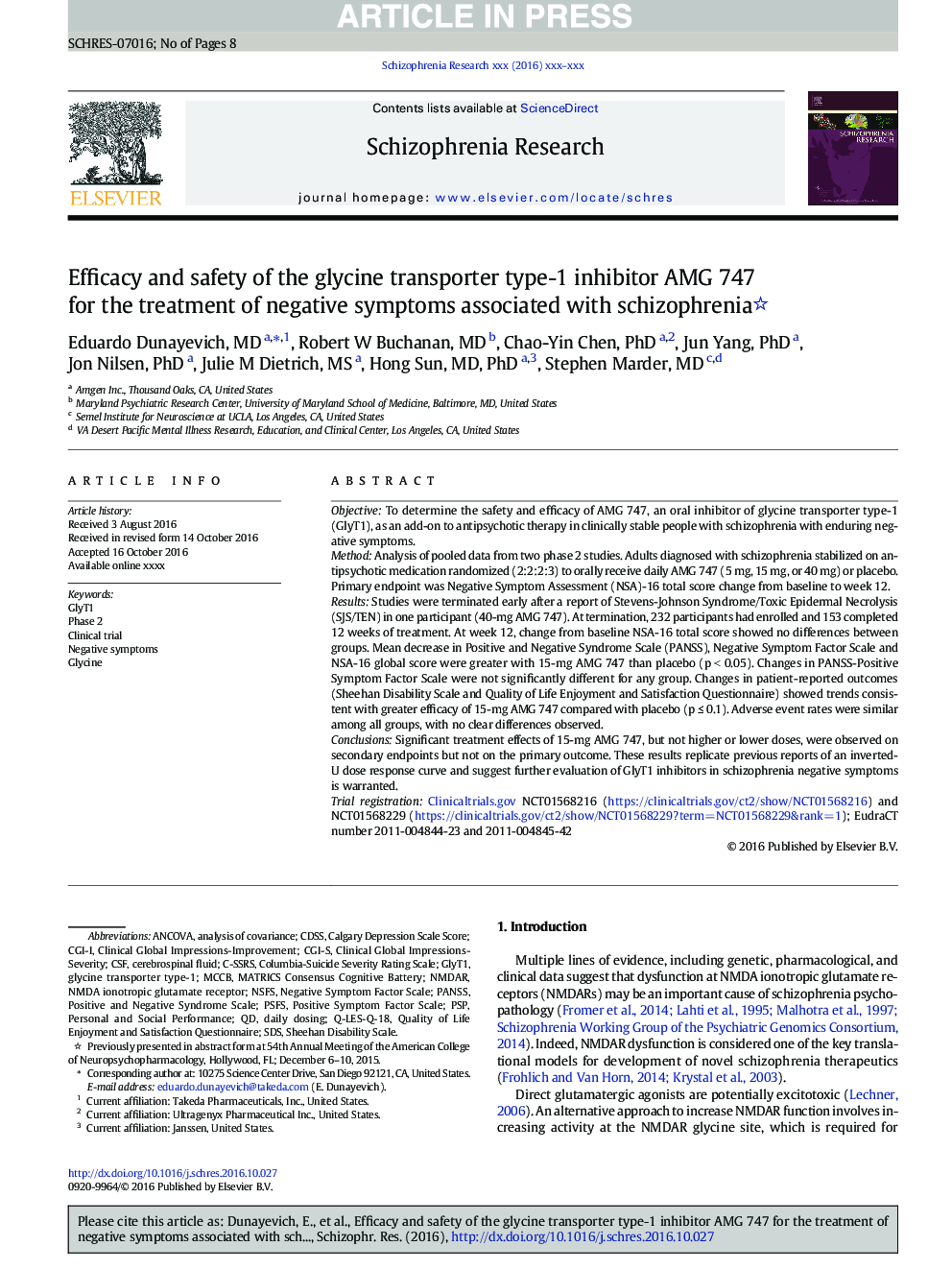 Efficacy and safety of the glycine transporter type-1 inhibitor AMG 747 for the treatment of negative symptoms associated with schizophrenia