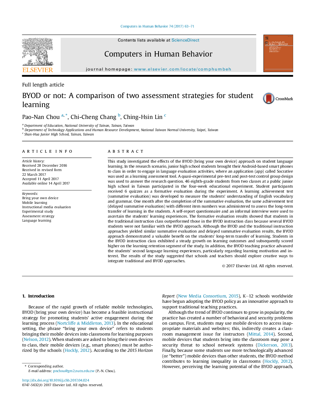 BYOD or not: A comparison of two assessment strategies for student learning