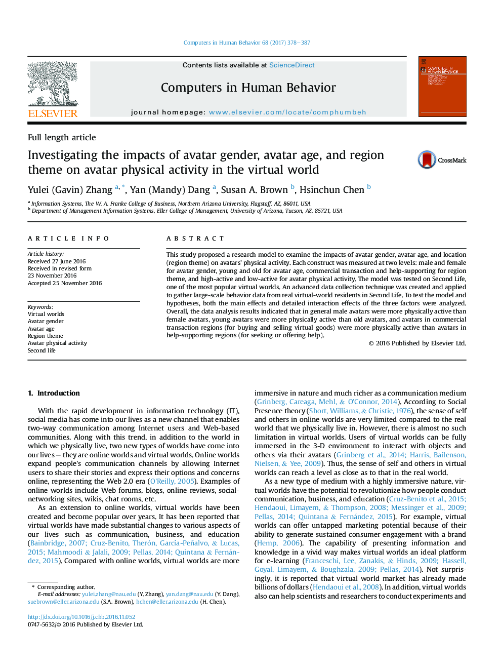 Investigating the impacts of avatar gender, avatar age, and region theme on avatar physical activity in the virtual world