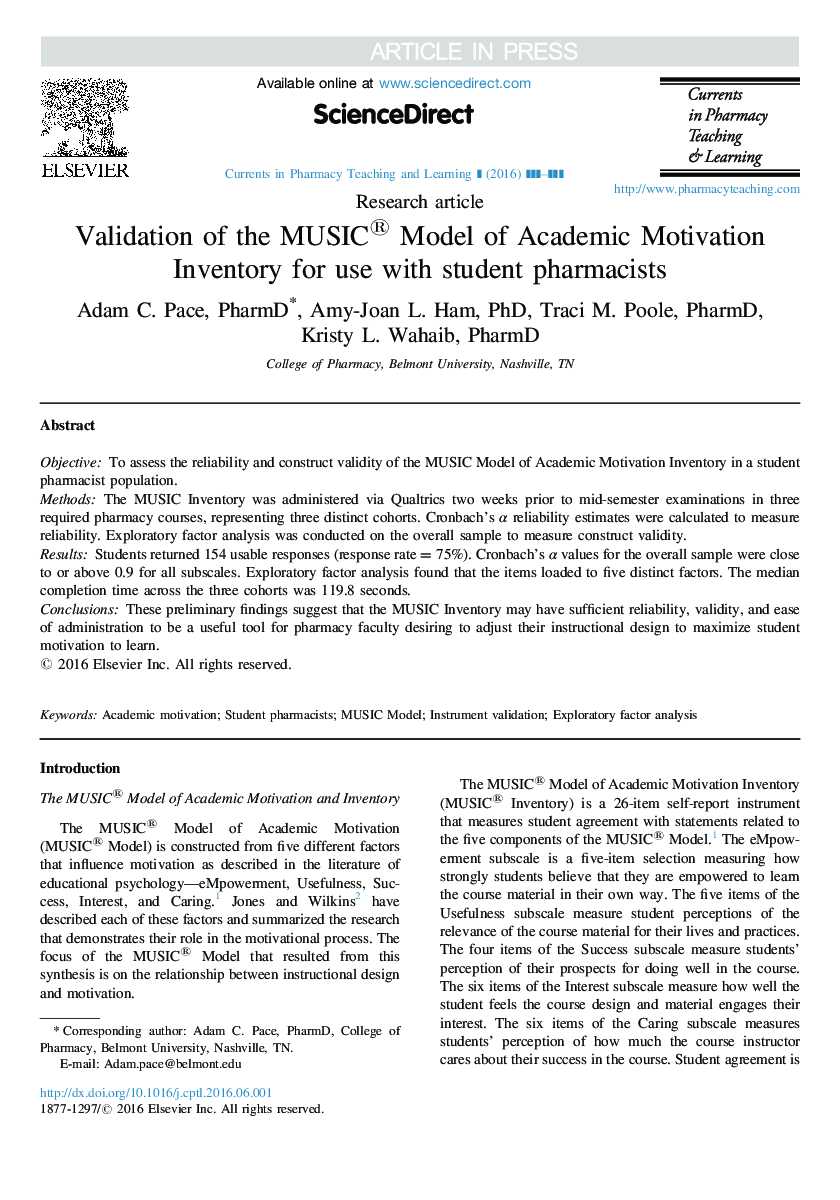 Validation of the MUSIC® Model of Academic Motivation Inventory for use with student pharmacists